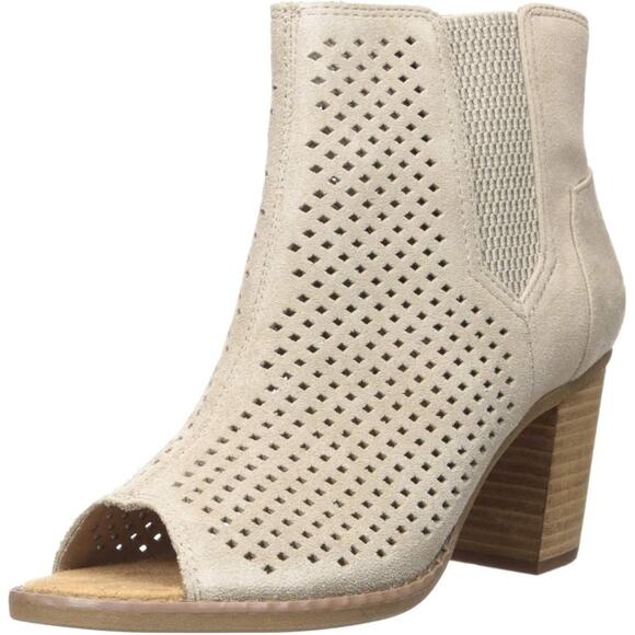 Toms Majorca Booties WMNS 9.5 Tan Diamond Perforated Suede Peep Toe Block Heels - Picture 2 of 9